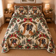 Boxer Ornament Medallions Christmas Quilt Set, front bedroom view