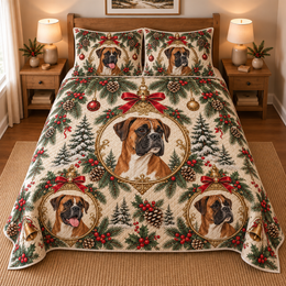Boxer Ornament Medallions Christmas Quilt Set