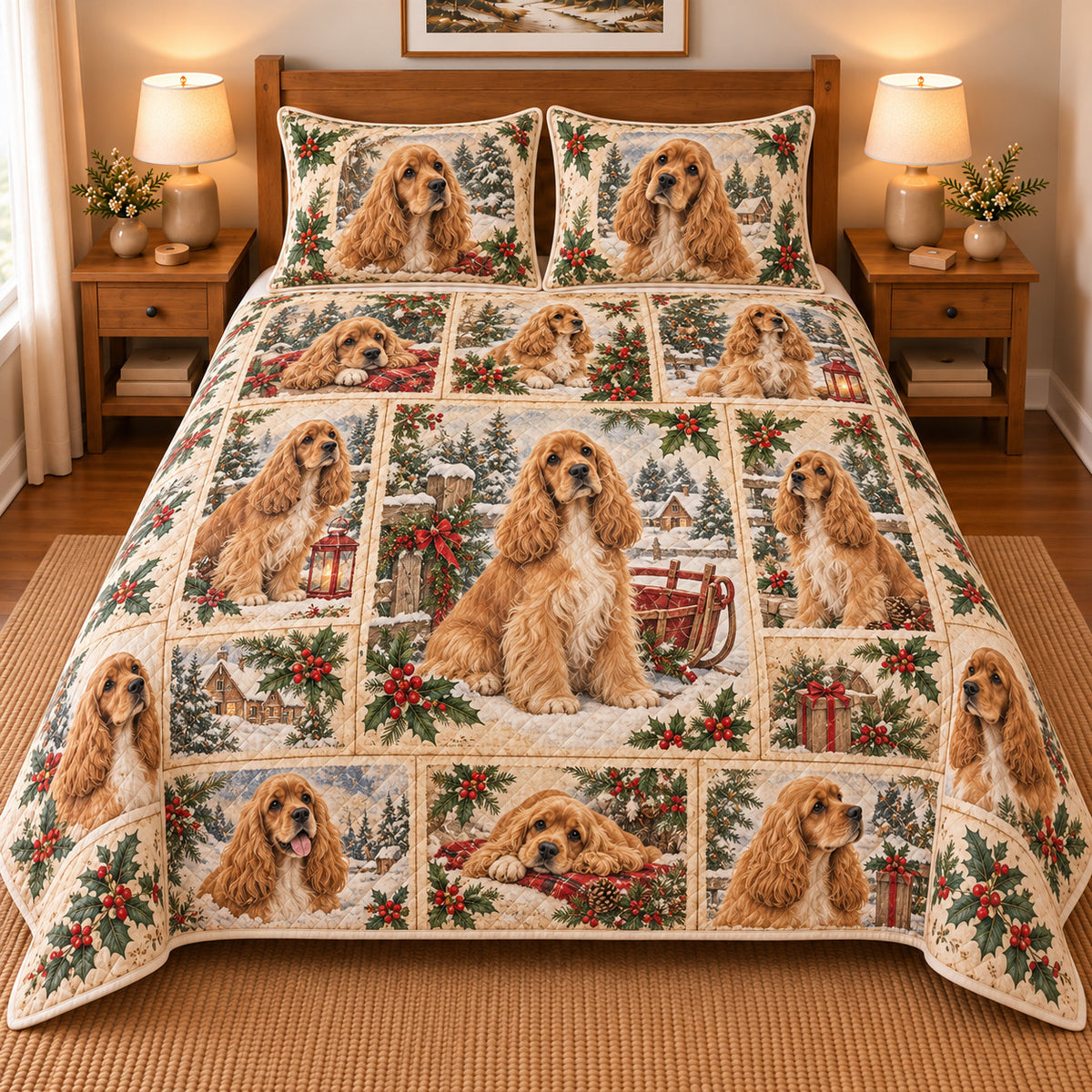 Cocker Spaniel Vintage Christmas Postcards Quilt Set