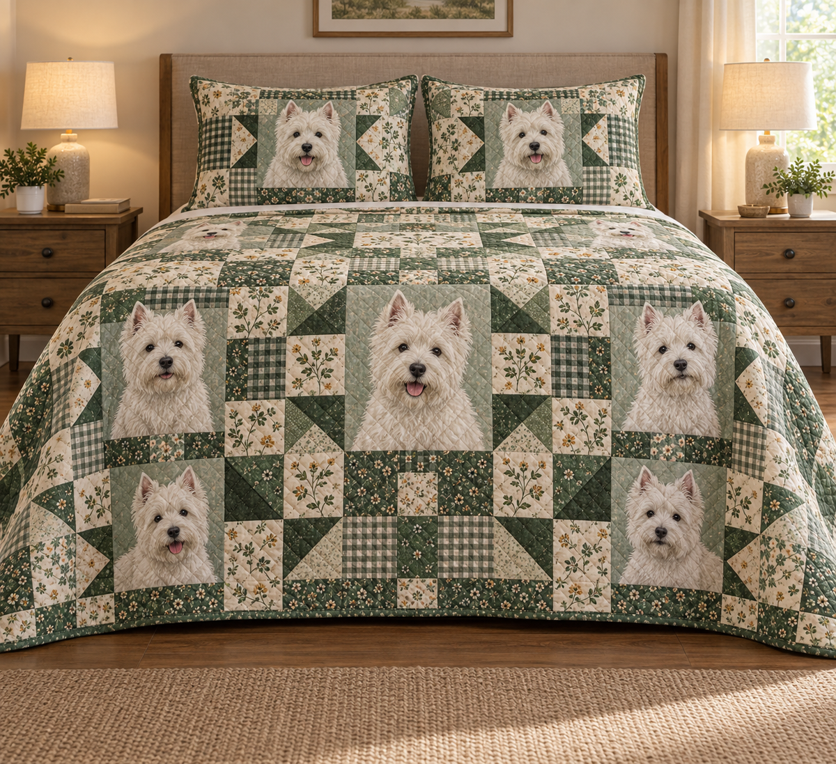 West Highland White Terrier Heritage Patchwork Quilt Set, front bedroom view
