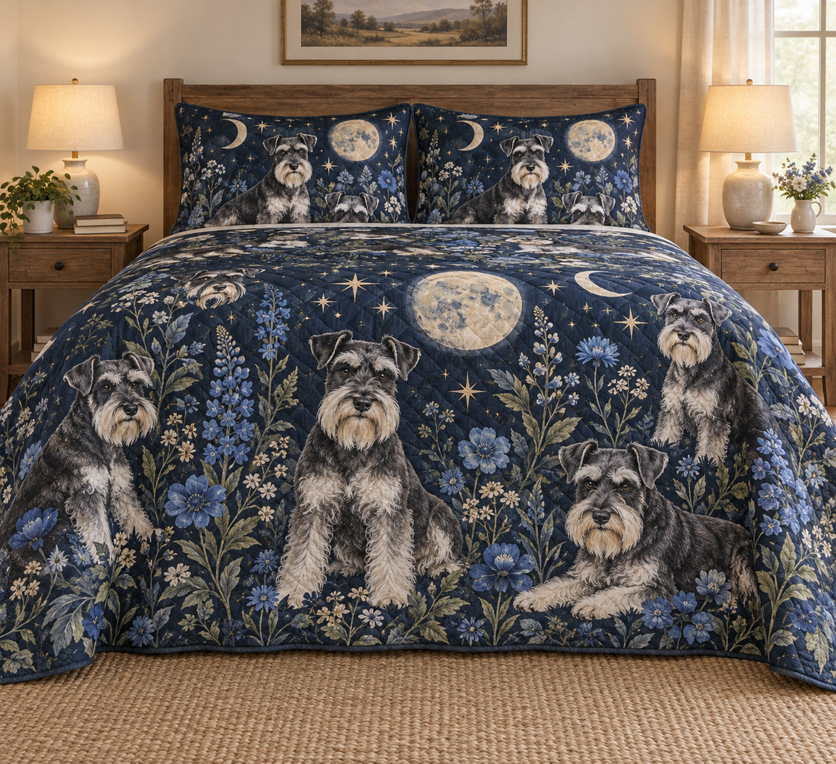 Schnauzer Celestial Night Quilt Set, front bedroom view
