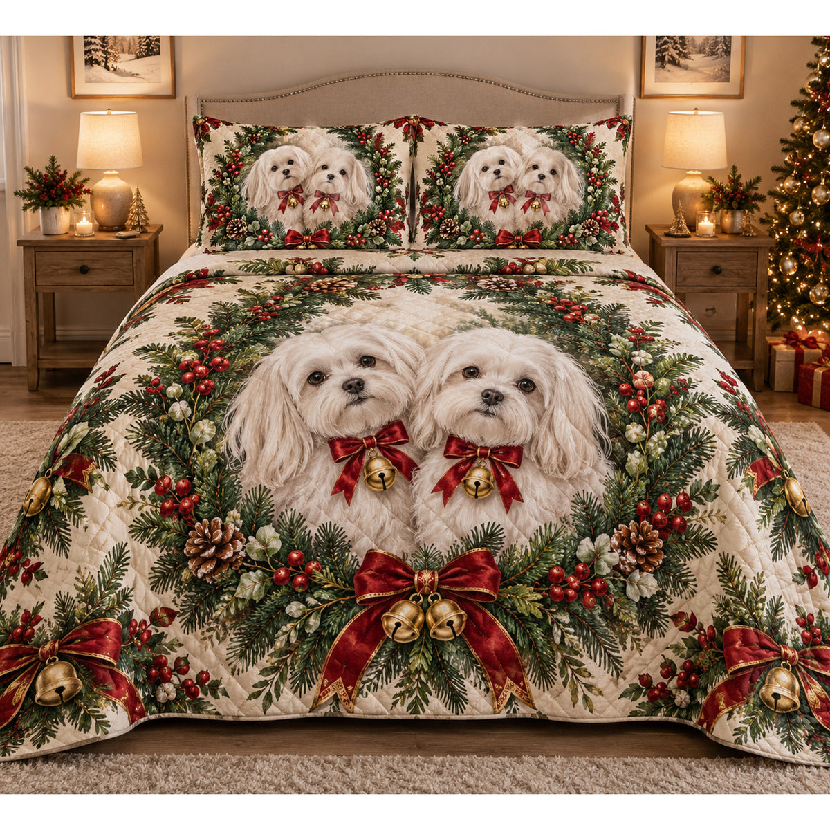 Maltese Christmas Wreath Quilt Set