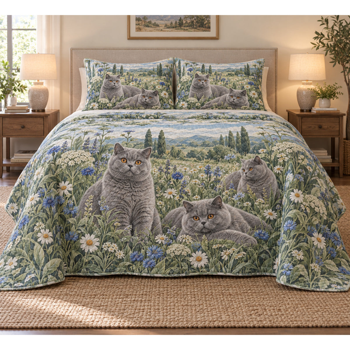 British Shorthair Cat Wildflower Meadow Quilt Set