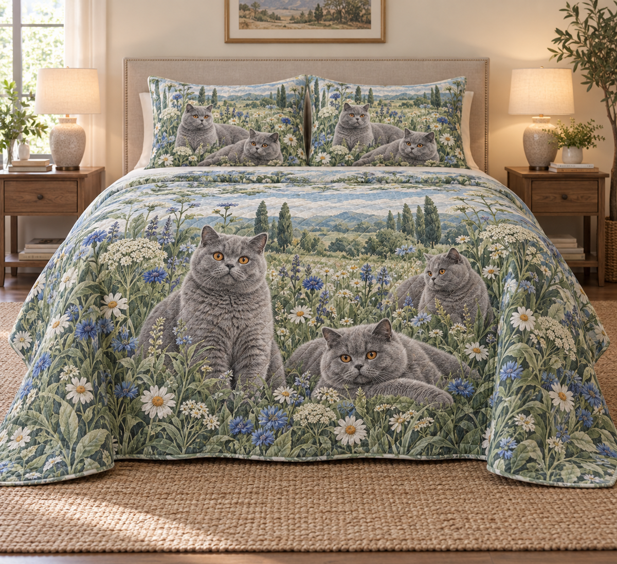 British Shorthair Cat Wildflower Meadow Quilt Set, front bedroom view