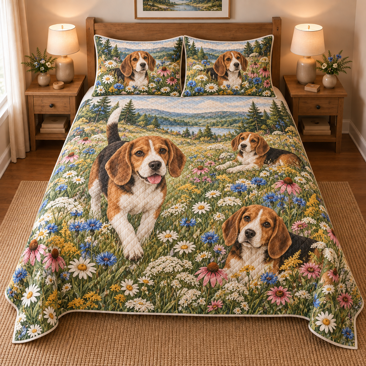 Beagle Wildflower Meadow Quilt Set, front bedroom view