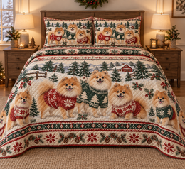 Pomeranian Cozy Sweater Christmas Quilt Set