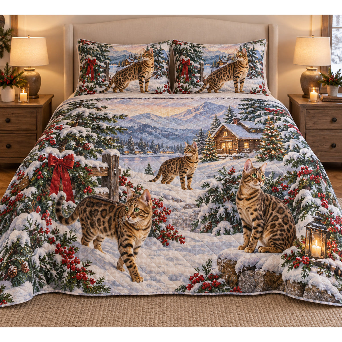 Bengal Cat Vintage Postcards Christmas Quilt Set