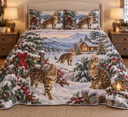 Bengal Cat Vintage Postcards Christmas Quilt Set, front bedroom view