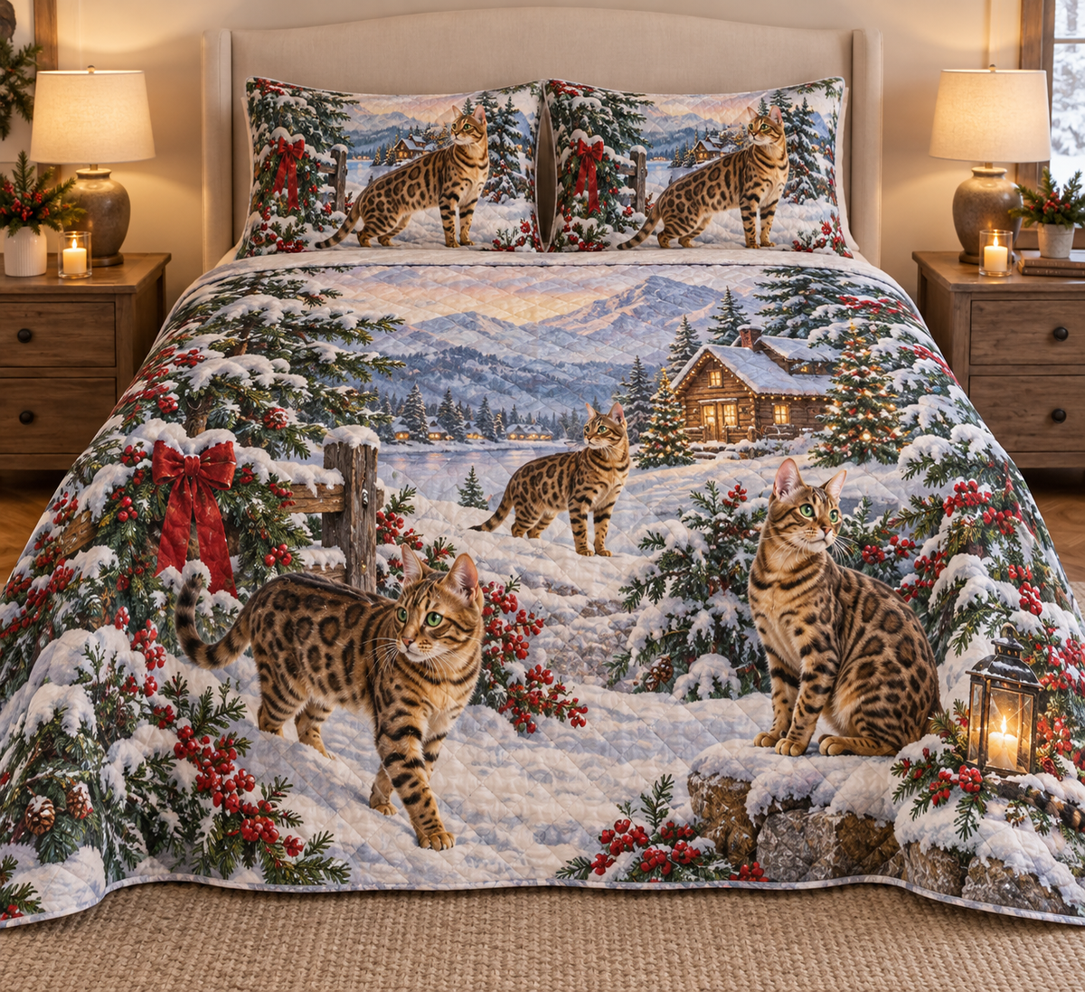 Bengal Cat Vintage Postcards Christmas Quilt Set, front bedroom view