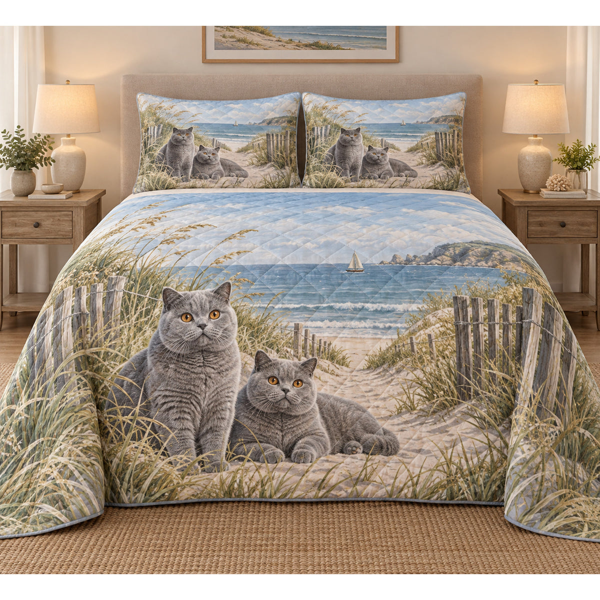 British Shorthair Cat Coastal Morning Quilt Set