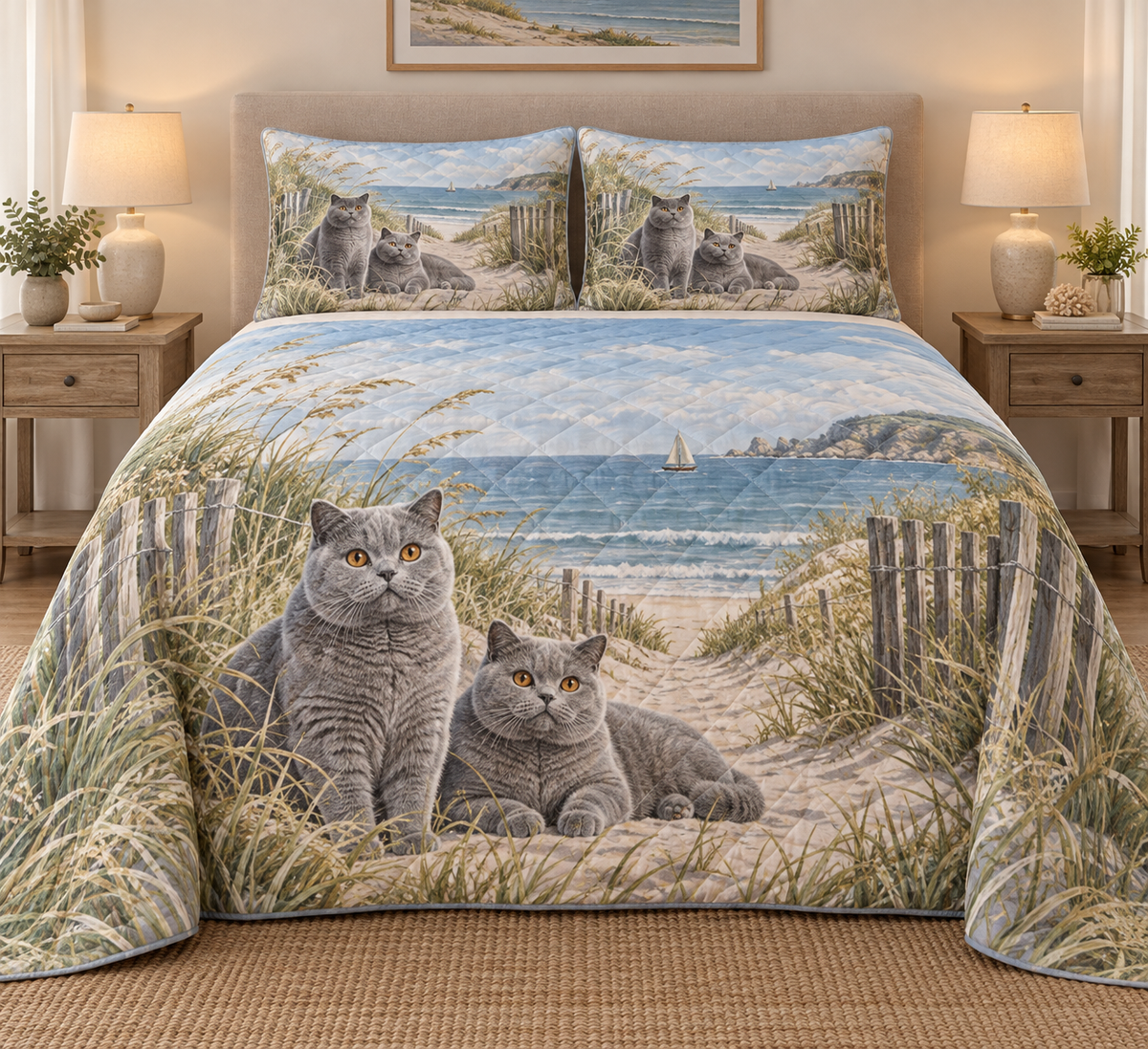 British Shorthair Cat Coastal Morning Quilt Set, front bedroom view