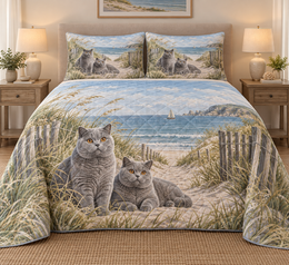 British Shorthair Cat Coastal Morning Quilt Set