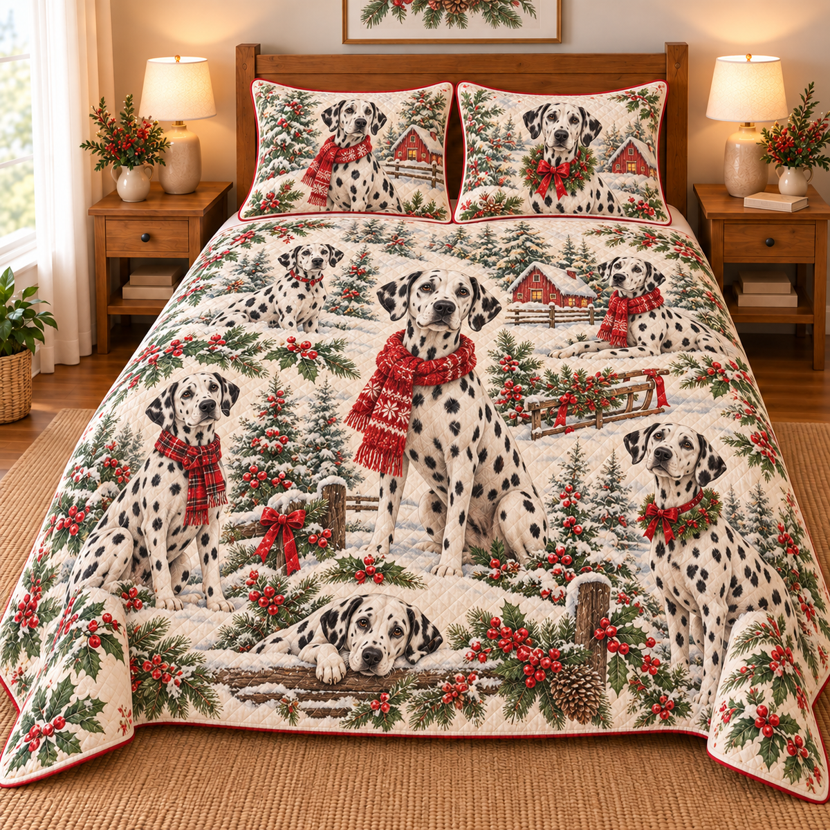Dalmatian Vintage Postcards Christmas Quilt Set, front bedroom view