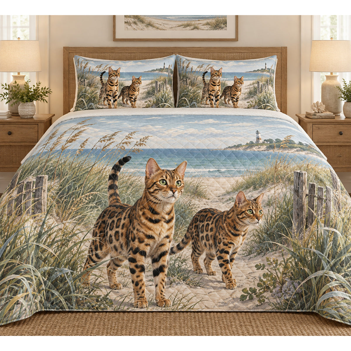 Bengal Cat Coastal Morning Quilt Set