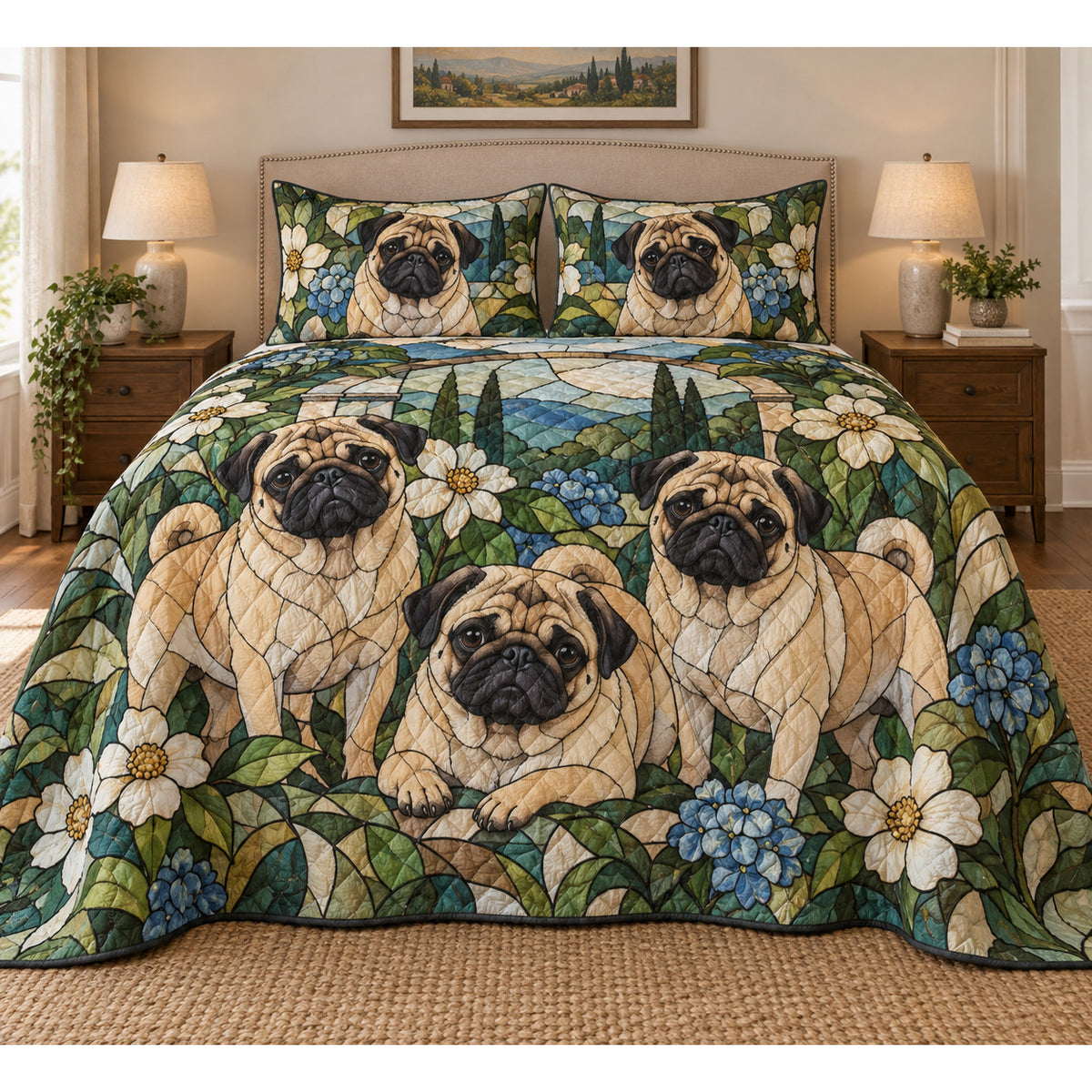 Pug Garden Stained Glass Quilt Set