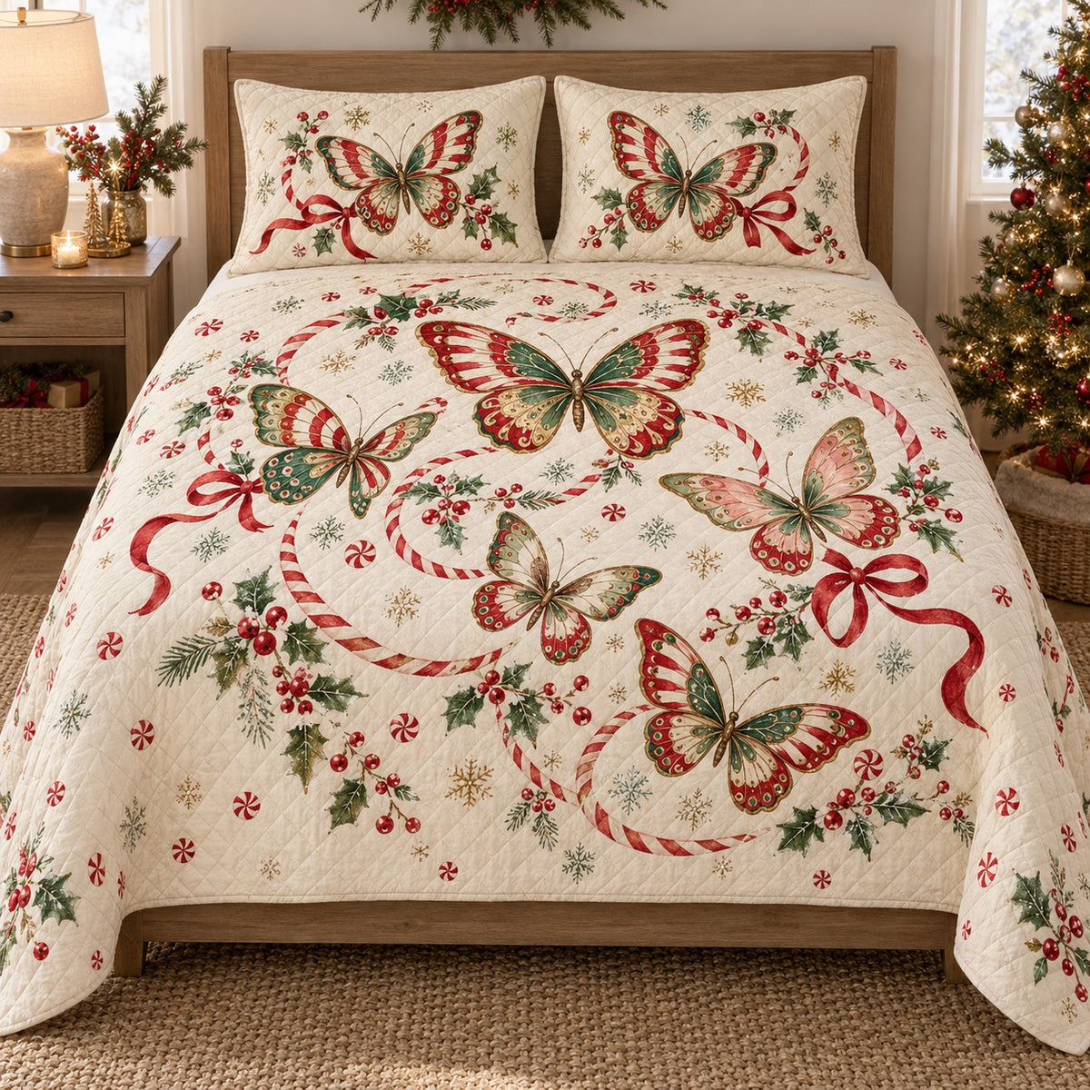 Peppermint Flight Butterfly Christmas Quilt Set, front butterfly bedroom view