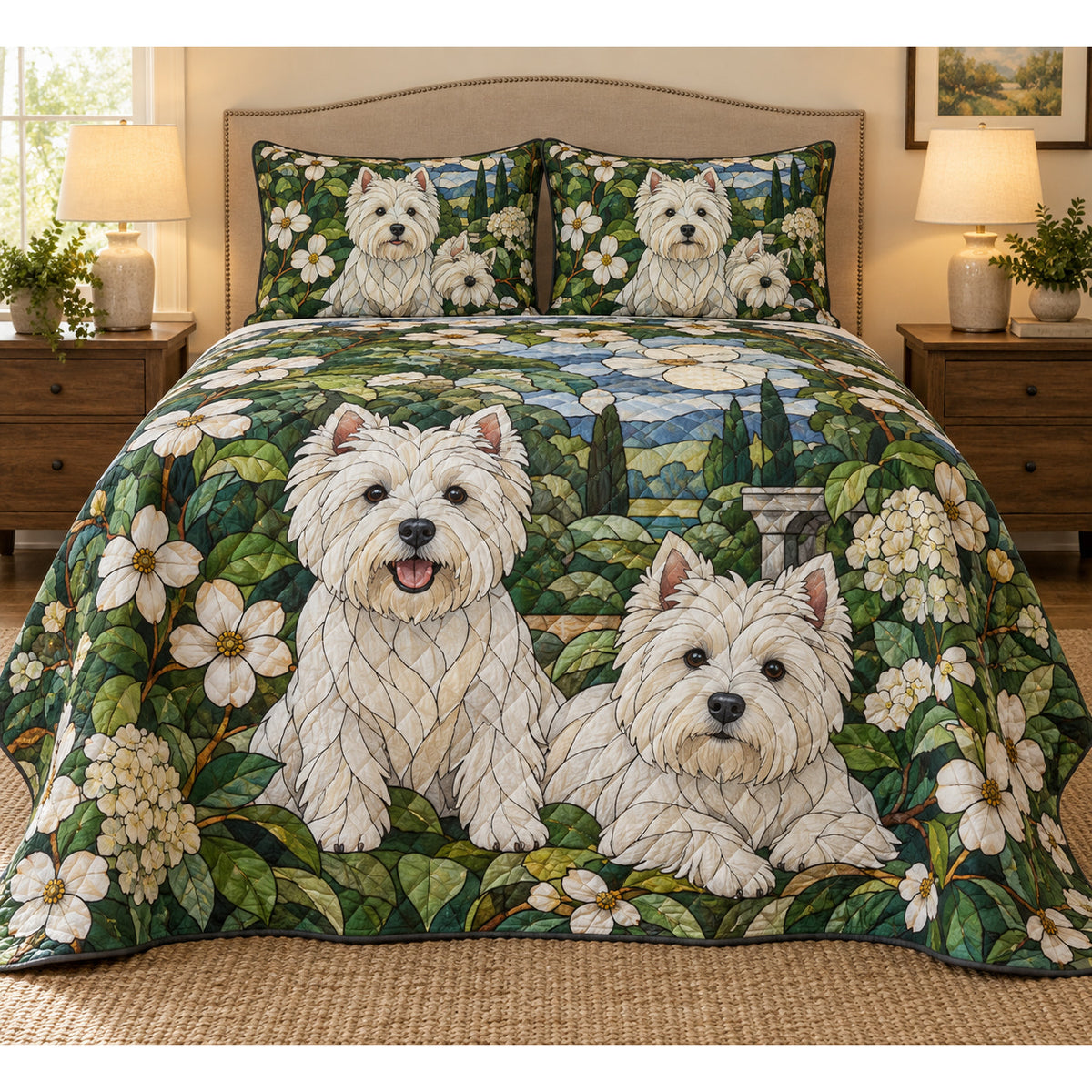 West Highland White Terrier Garden Stained Glass Quilt Set