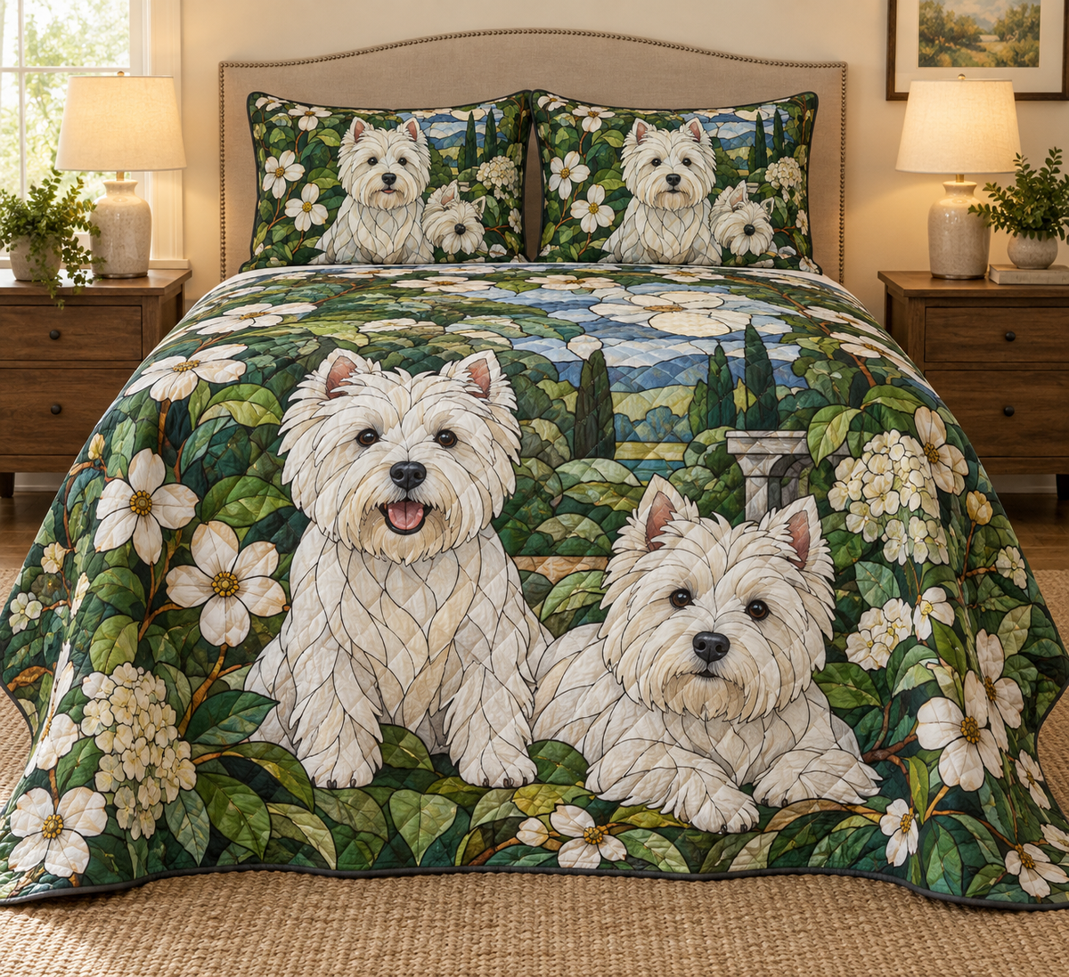 West Highland White Terrier Garden Stained Glass Quilt Set, front bedroom view