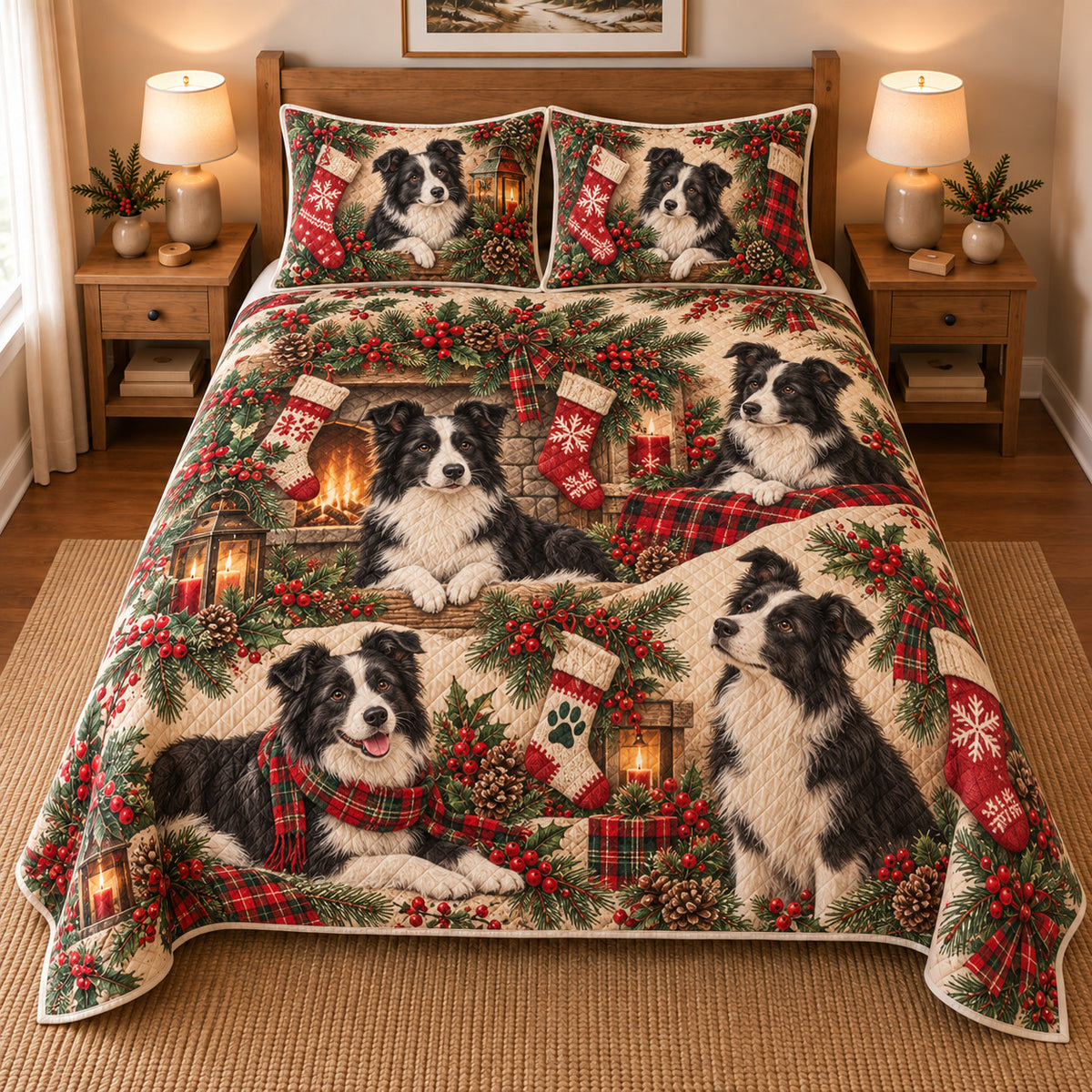 Border Collie Stocking Mantel Christmas Quilt Set