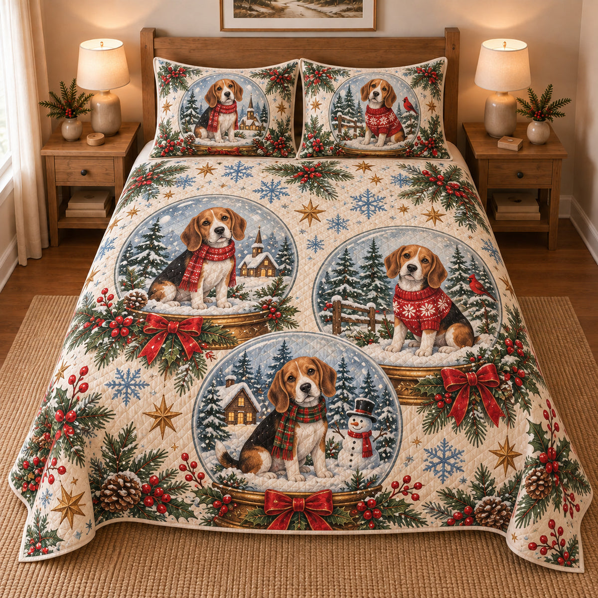 Beagle Winter Snow Globes Christmas Quilt Set