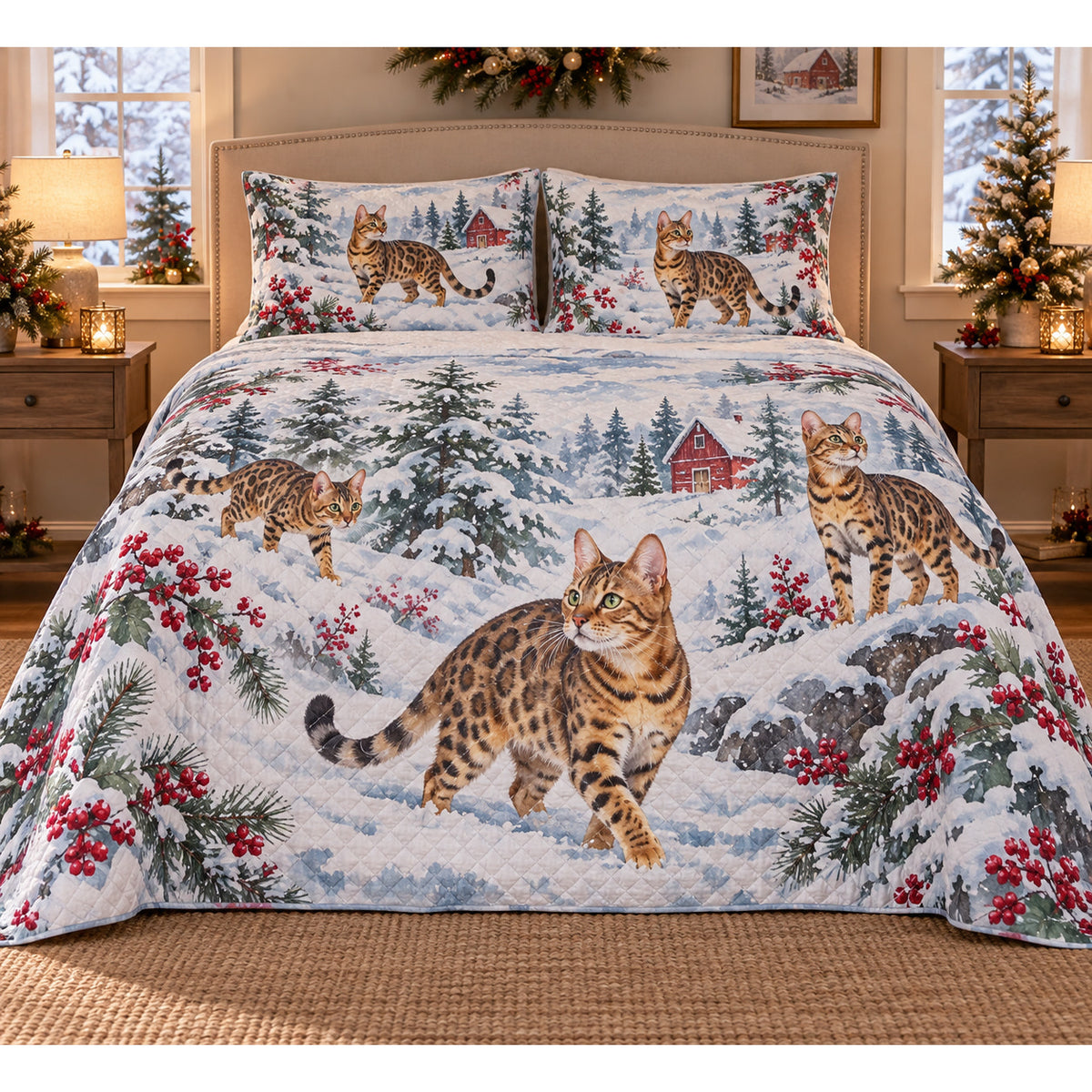 Bengal Cat Snowy Watercolor Christmas Quilt Set