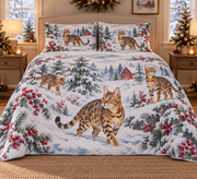 Bengal Cat Snowy Watercolor Christmas Quilt Set, front bedroom view