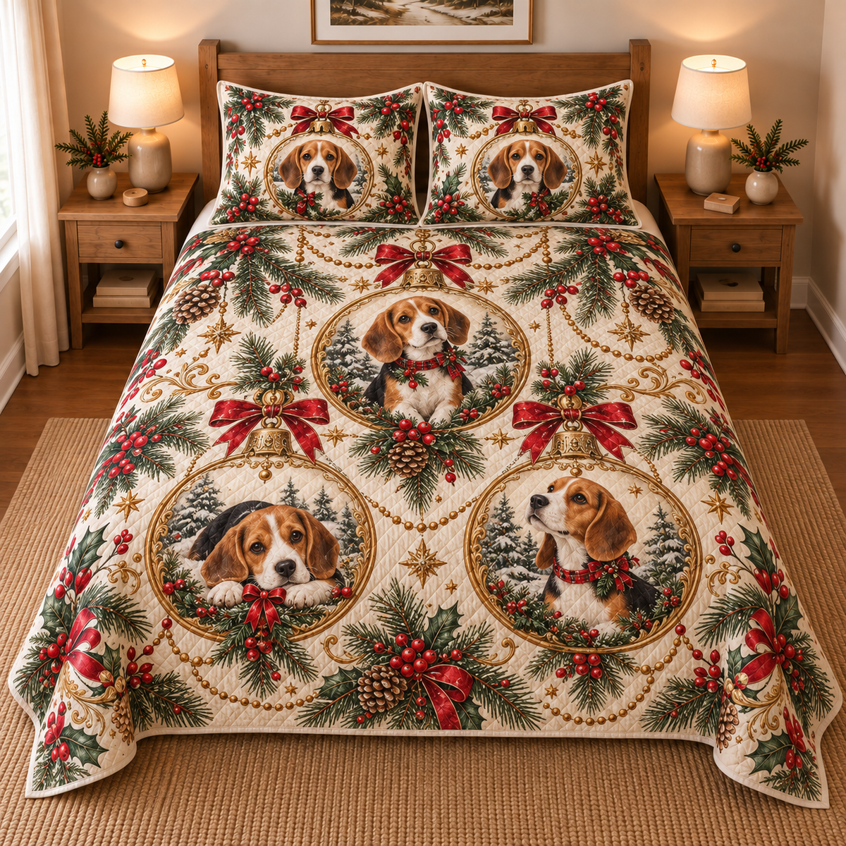 Beagle Ornament Medallions Christmas Quilt Set, front bedroom view