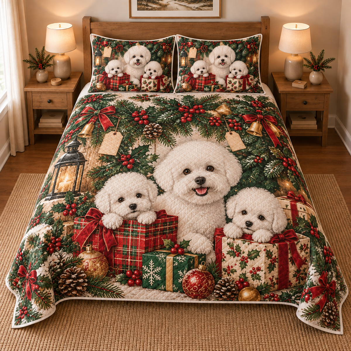 Bichon Frise Gifts and Puppies Christmas Quilt Set, front bedroom view