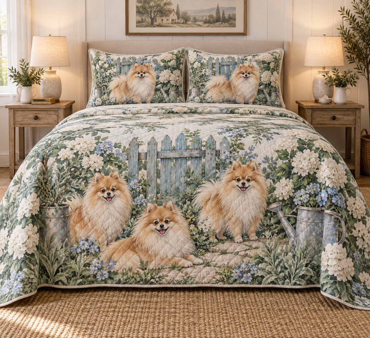 Pomeranian Rustic Farmhouse Quilt Set, front bedroom view