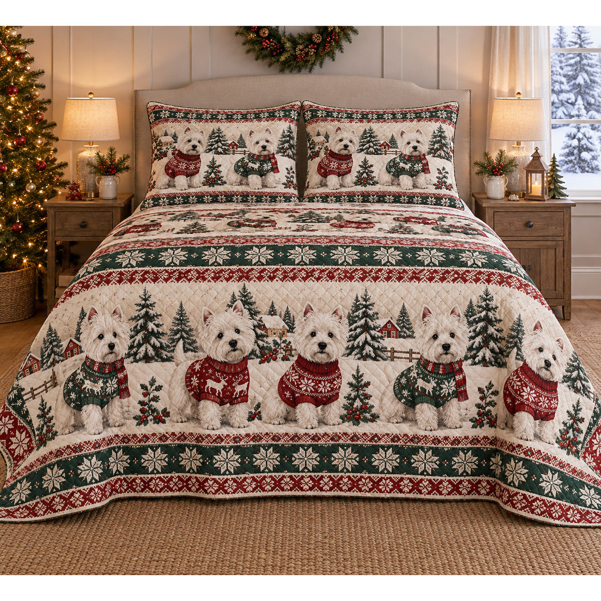 West Highland White Terrier Cozy Sweater Christmas Quilt Set