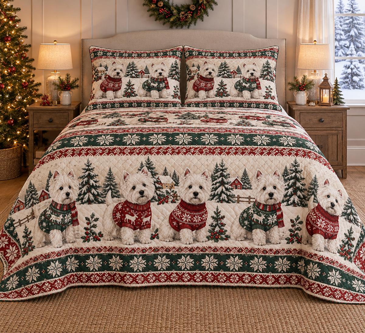 West Highland White Terrier Cozy Sweater Christmas Quilt Set, front bedroom view