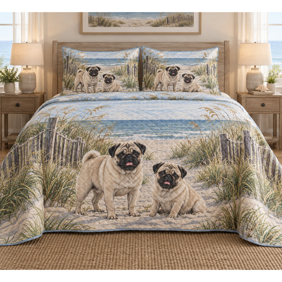Pug Coastal Morning Quilt Set