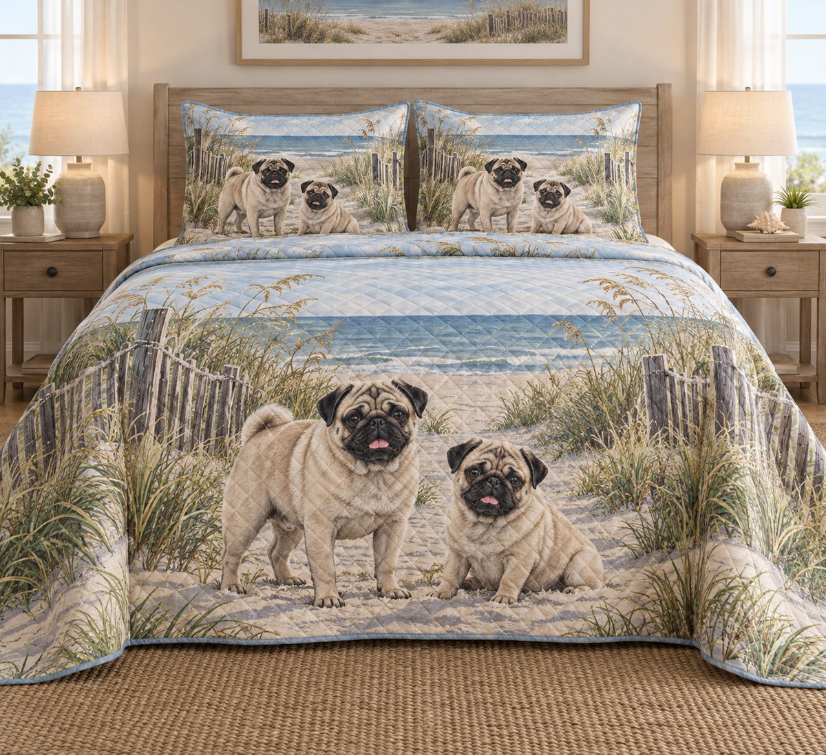 Pug Coastal Morning Quilt Set, front bedroom view