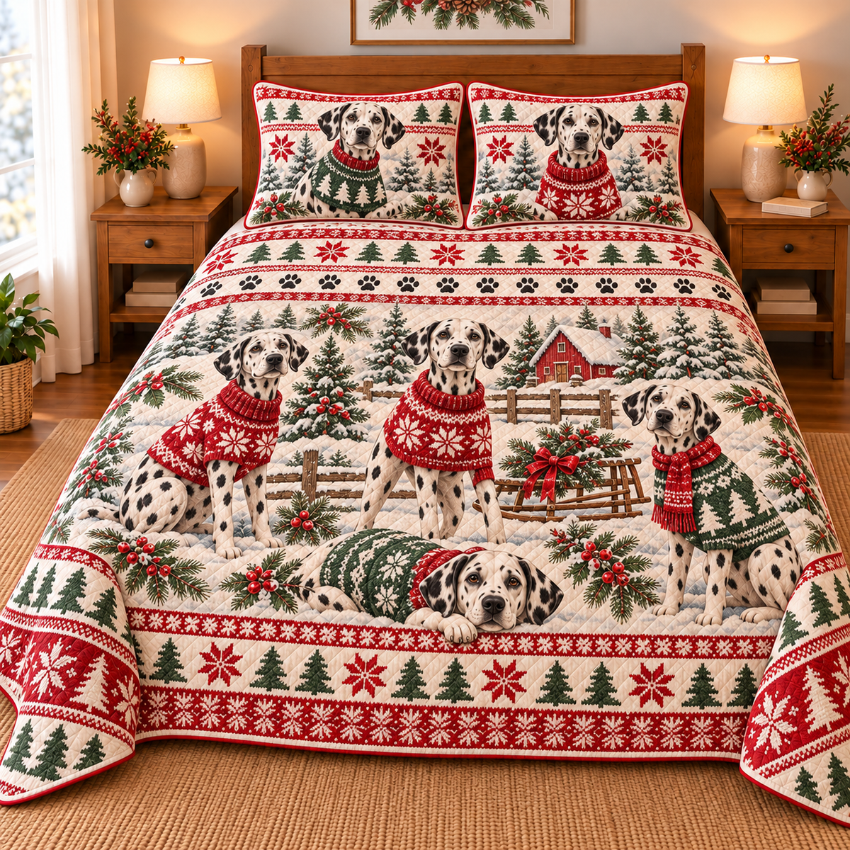 Dalmatian Cozy Sweater Christmas Quilt Set, front bedroom view