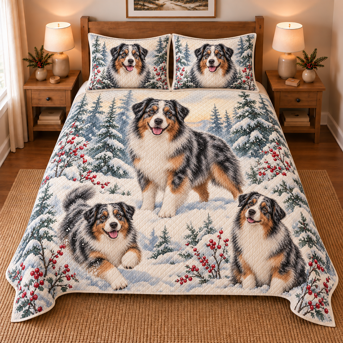 Australian Shepherd Snowy Watercolor Christmas Quilt Set, front bedroom view