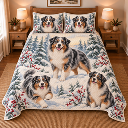 Australian Shepherd Snowy Watercolor Christmas Quilt Set