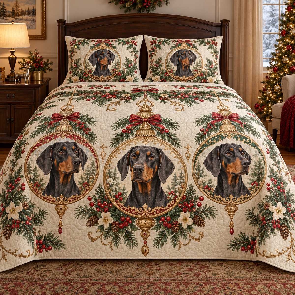 Doberman Pinscher Ornament Medallions Christmas Quilt Set, front bedroom view
