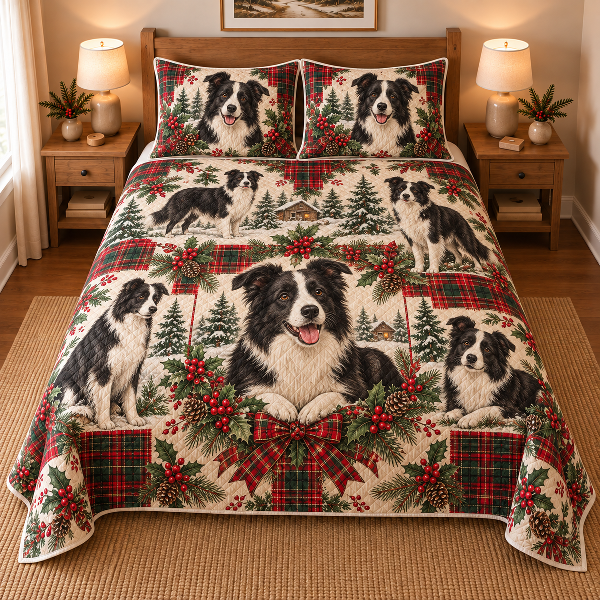 Border Collie Heritage Tartan Christmas Quilt Set, front bedroom view