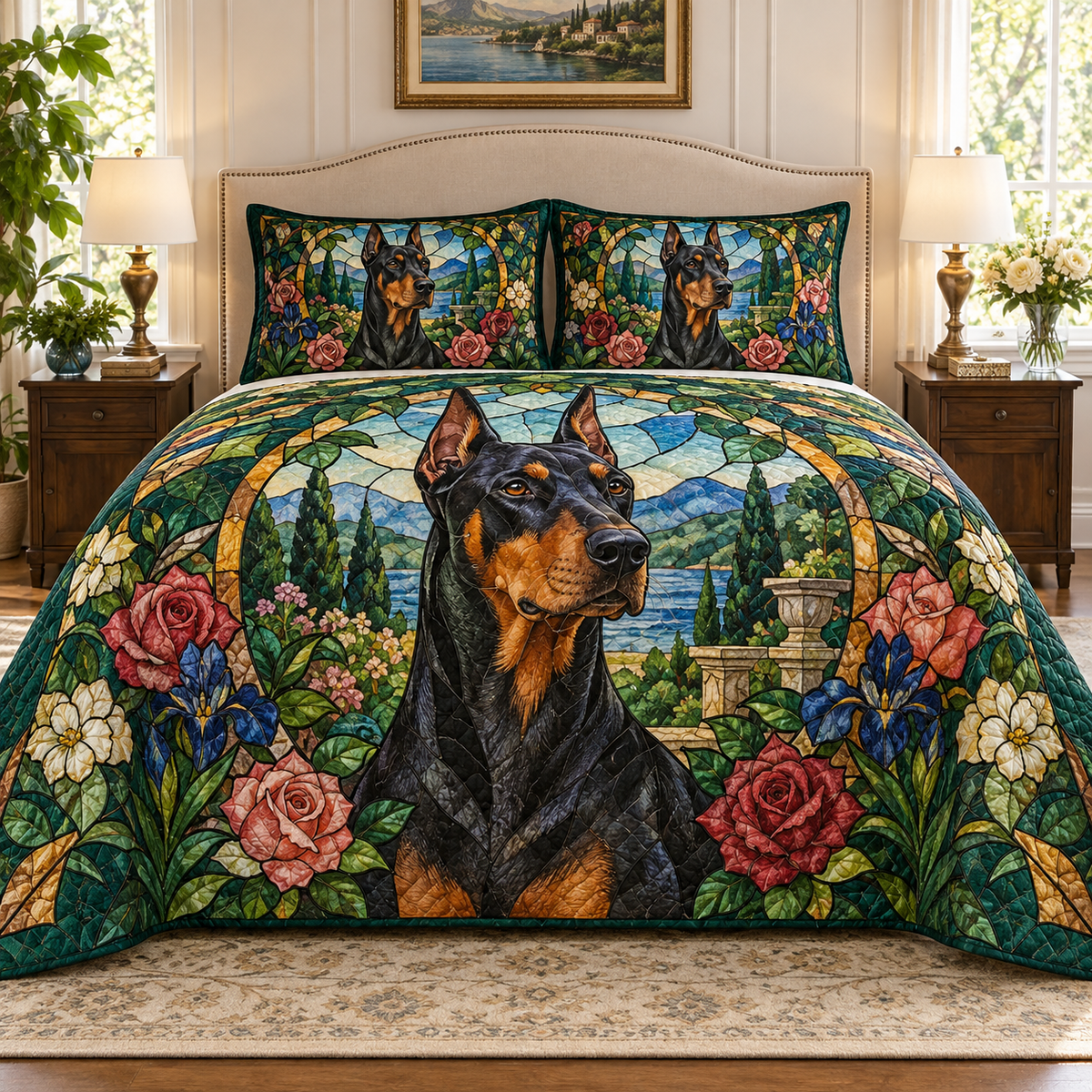 Doberman Pinscher Garden Stained Glass Quilt Set, front bedroom view