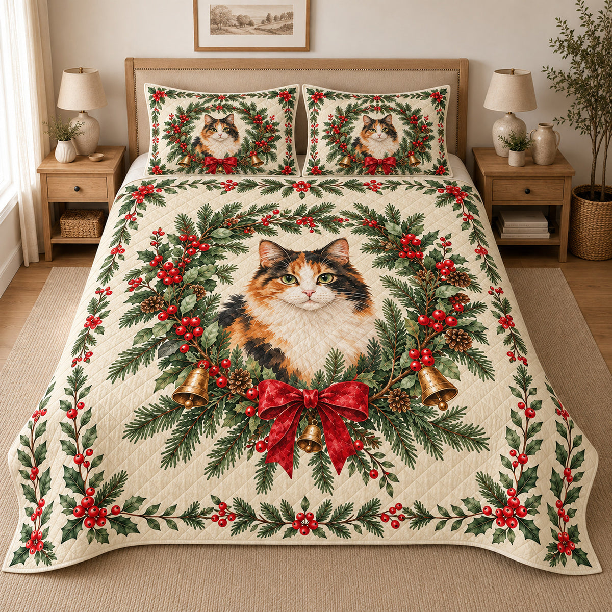 Calico Cat Christmas Wreath Quilt Set, reference-form bedroom view
