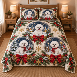 Bichon Frise Winter Snow Globes Christmas Quilt Set