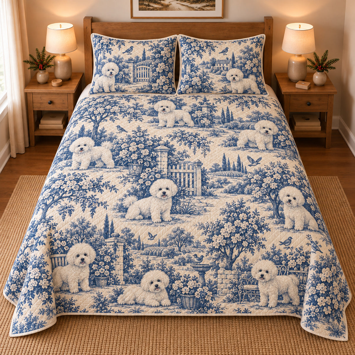 Bichon Frise Blue Country Toile Quilt Set