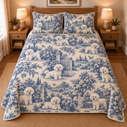 Bichon Frise Blue Country Toile Quilt Set, front bedroom view