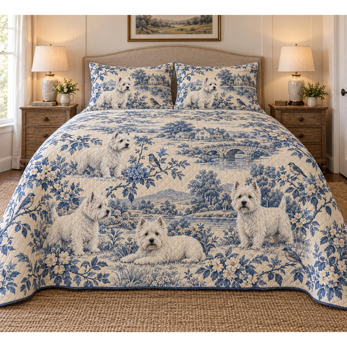 West Highland White Terrier Blue Country Toile Quilt Set