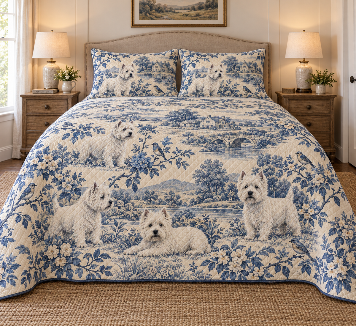 West Highland White Terrier Blue Country Toile Quilt Set, front bedroom view