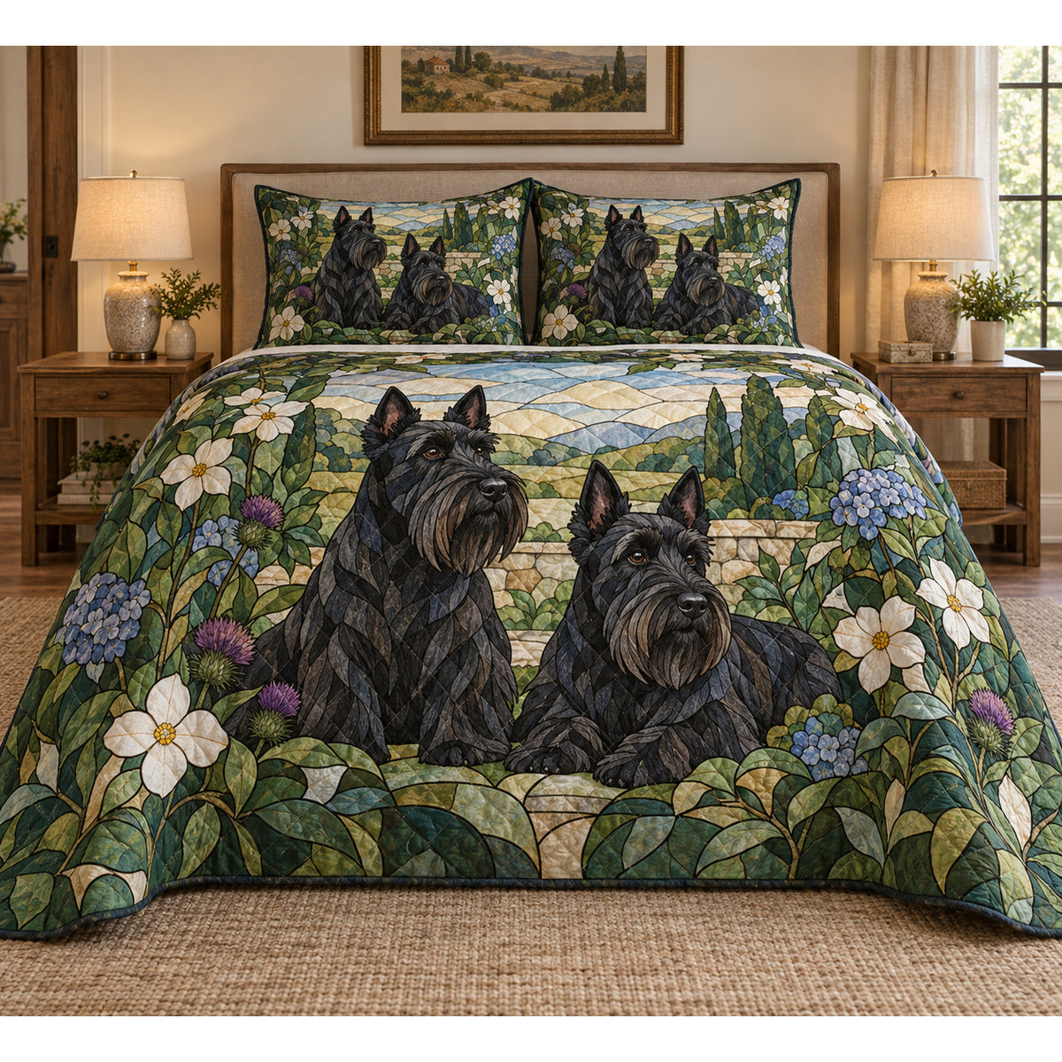 Scottish Terrier Garden Stained Glass Quilt Set