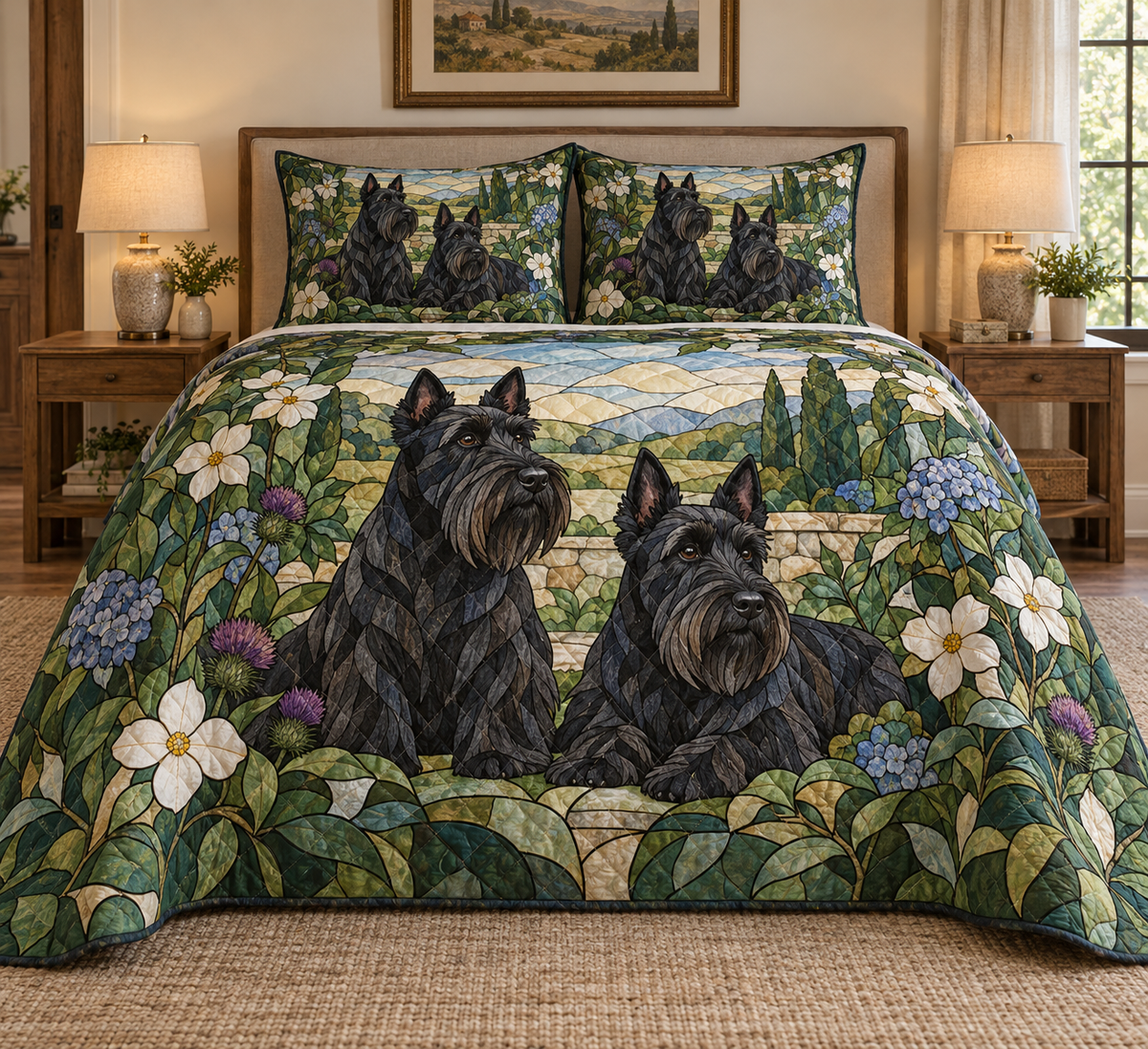 Scottish Terrier Garden Stained Glass Quilt Set, front bedroom view
