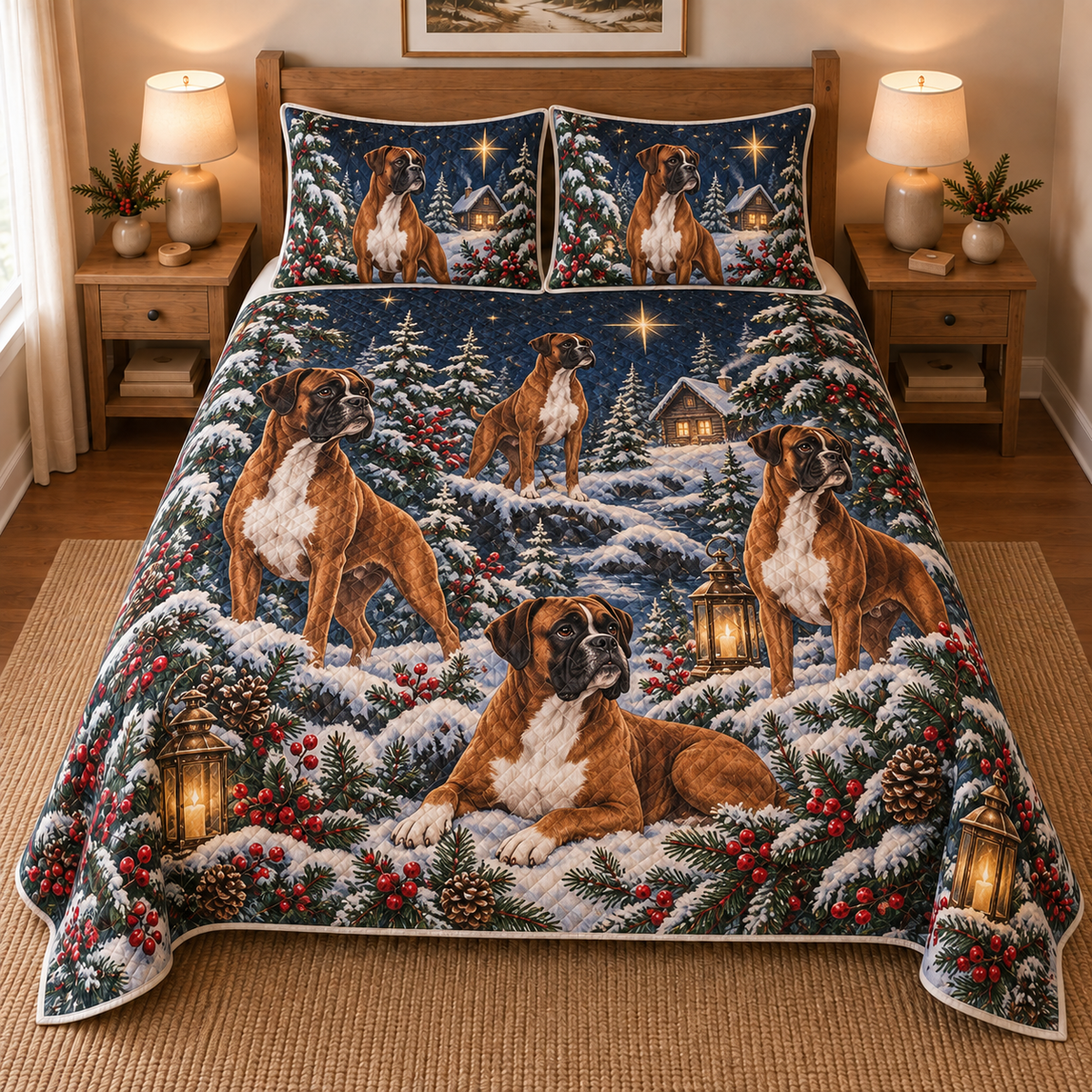 Boxer Starlit Christmas Forest Quilt Set, front bedroom view