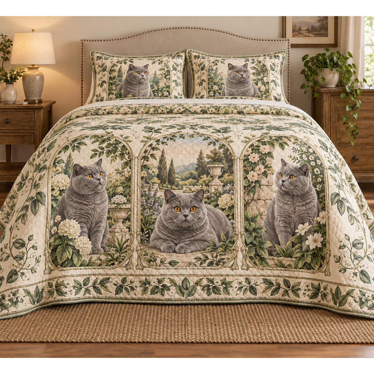 British Shorthair Cat Garden Cameos Quilt Set