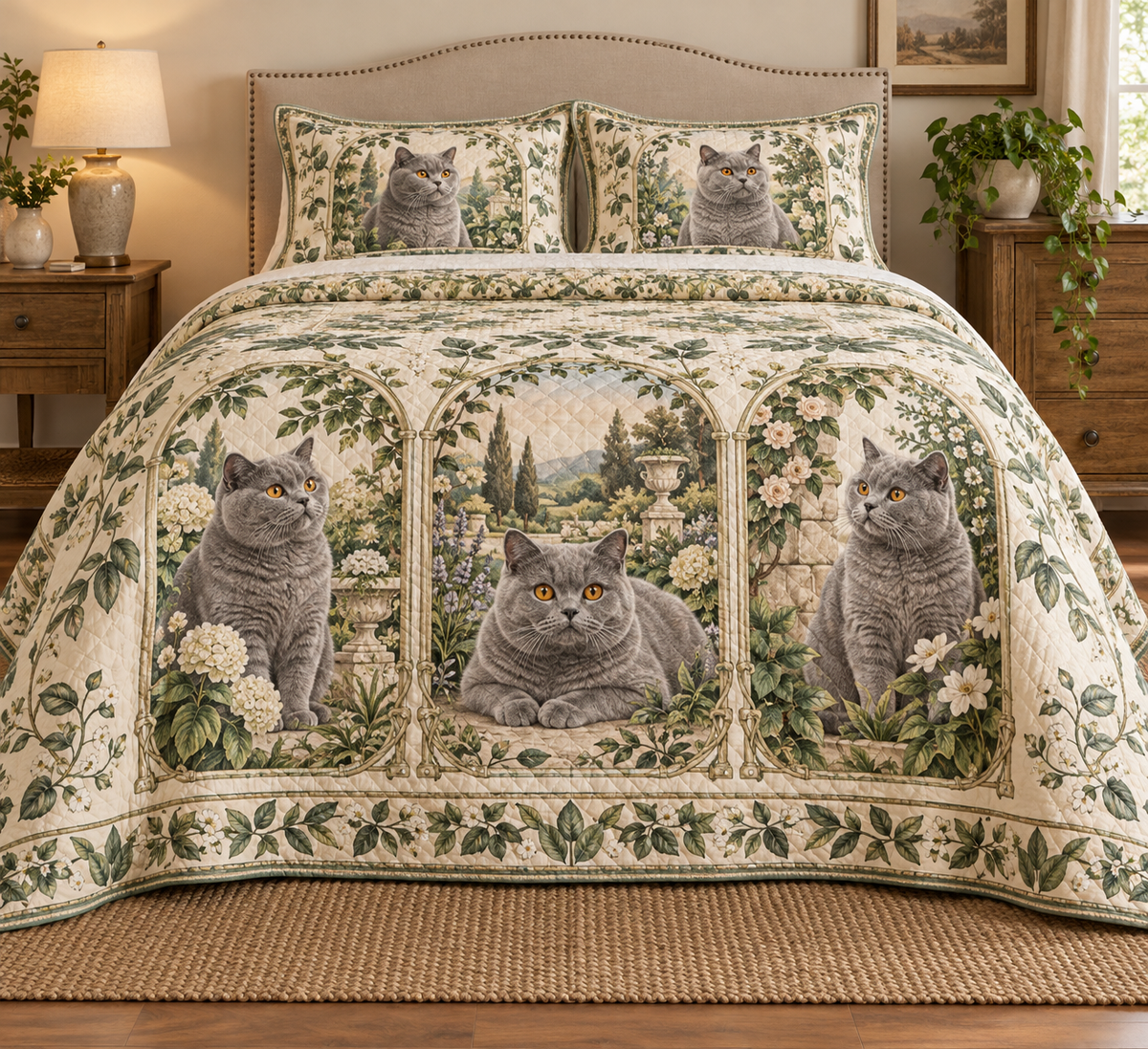 British Shorthair Cat Garden Cameos Quilt Set, front bedroom view